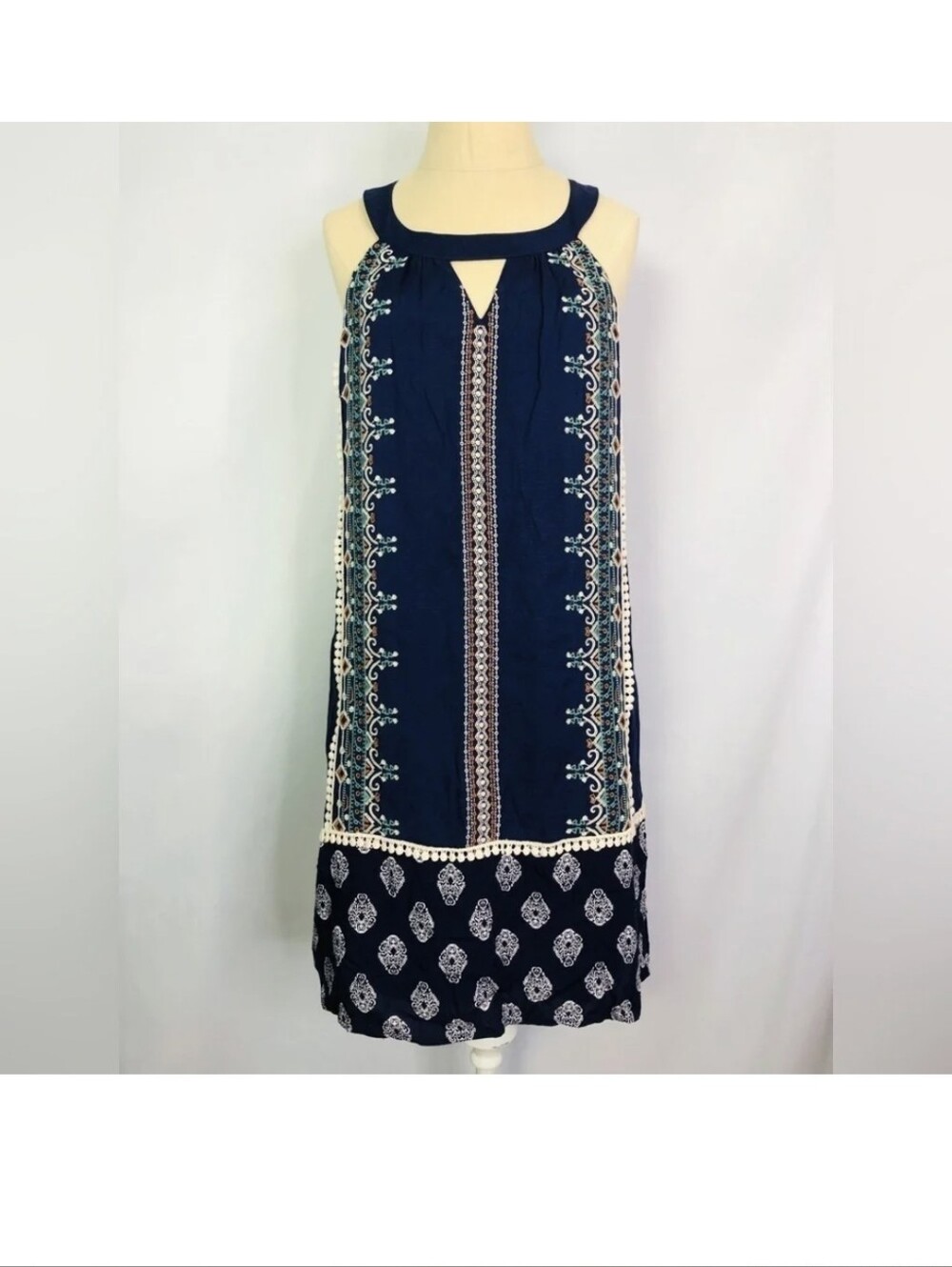 THML navy blue halter shift dress blends bohemian details with an easy-to-wear